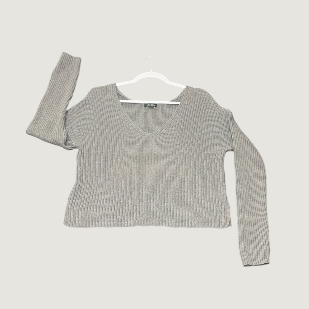 Wild Fable Gray Ribbed V-Neck Cropped Long Sleeve Sweater Womens Size XXL